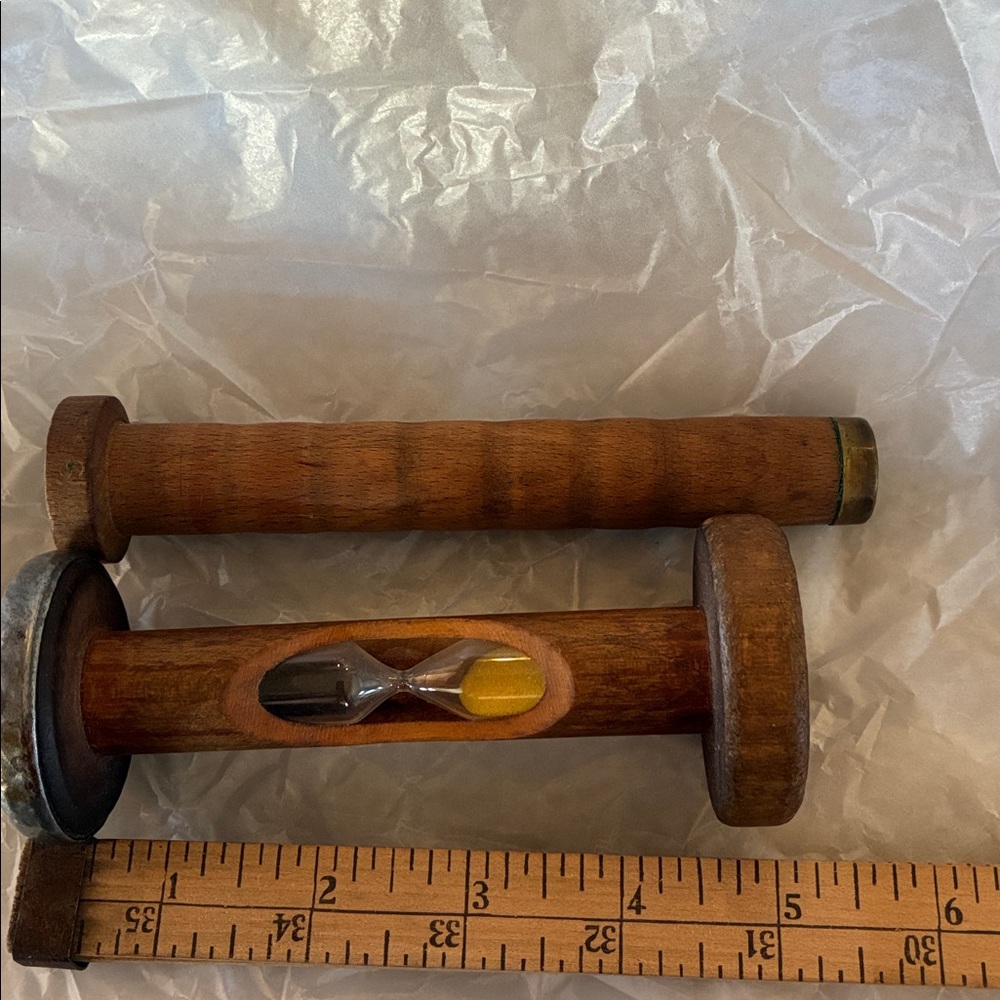 Rustic Spool Plus Hourglass Timer Decorative Vtg Timer Yellow Sand Wood Metal - Picture 4 of 5